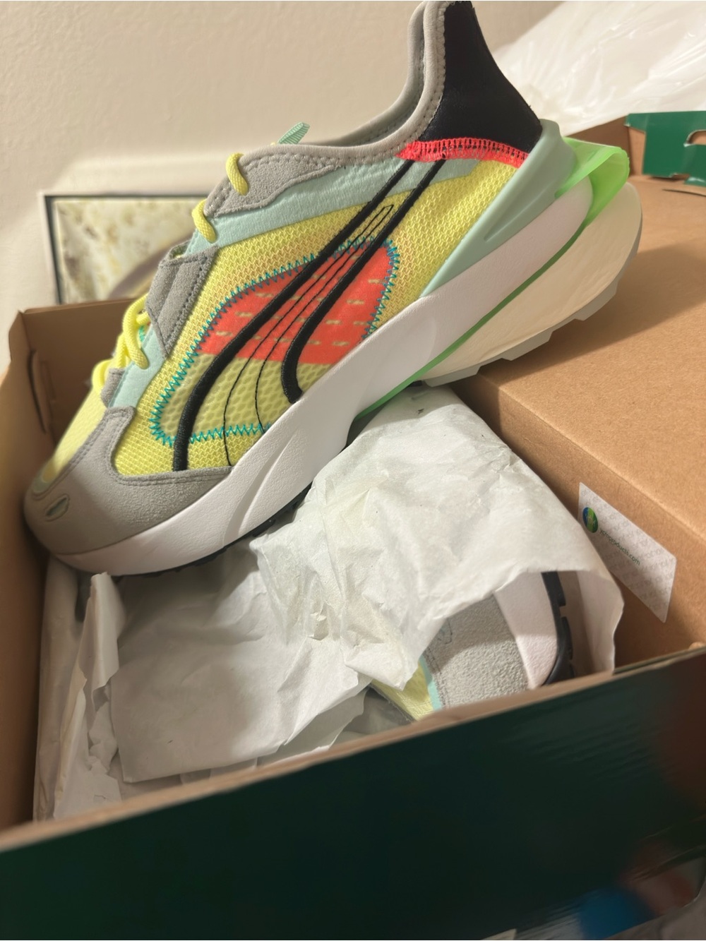 Puma Neon Yellow Mesh Sneaker with Coral and Black Accents
